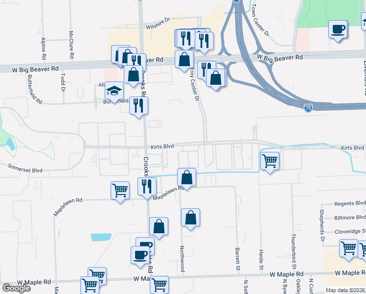 map of restaurants, bars, coffee shops, grocery stores, and more near 1129 Kirts Boulevard in Troy