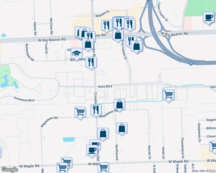 map of restaurants, bars, coffee shops, grocery stores, and more near 1257 Kirts Boulevard in Troy
