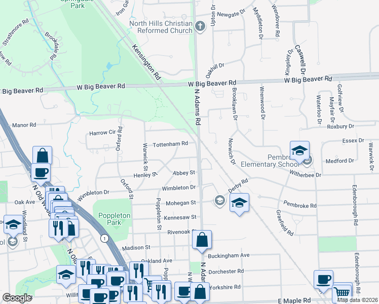 map of restaurants, bars, coffee shops, grocery stores, and more near 1075 North Adams Road in Birmingham