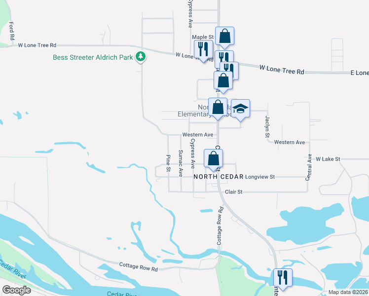 map of restaurants, bars, coffee shops, grocery stores, and more near 2222 Cypress Ave in Cedar Falls