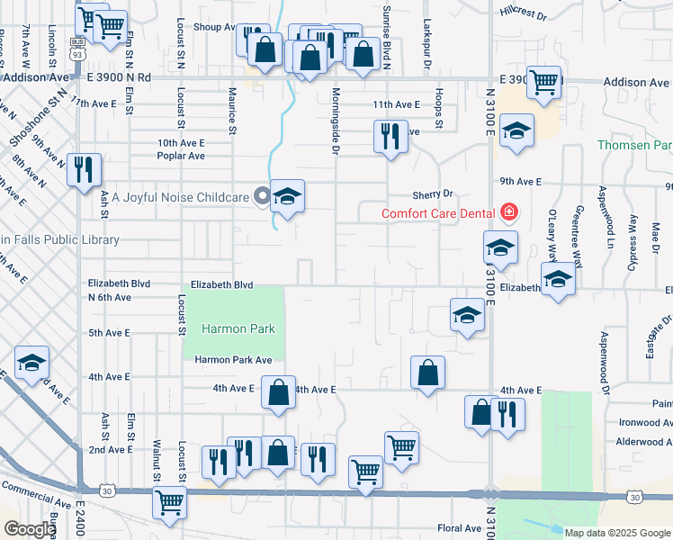 map of restaurants, bars, coffee shops, grocery stores, and more near 625 Morningside Drive in Twin Falls