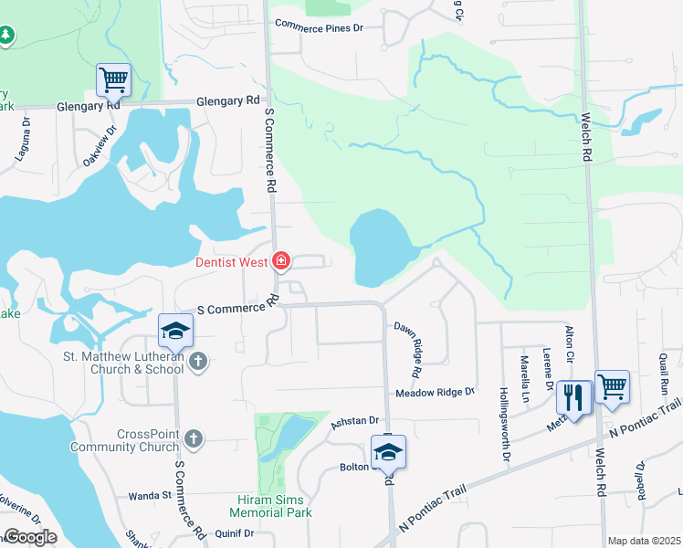 map of restaurants, bars, coffee shops, grocery stores, and more near 1476 Oakshade Street in Walled Lake