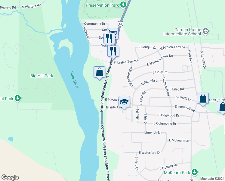 map of restaurants, bars, coffee shops, grocery stores, and more near 3055 South Riverside Drive in Beloit