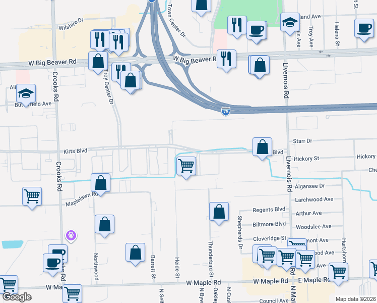 map of restaurants, bars, coffee shops, grocery stores, and more near 731 Kirts Boulevard in Troy