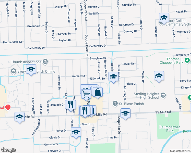 map of restaurants, bars, coffee shops, grocery stores, and more near 11659 Eldorado Drive in Sterling Heights