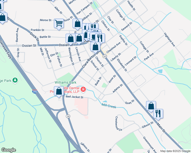 map of restaurants, bars, coffee shops, grocery stores, and more near 11 W Liberty St in Dansville