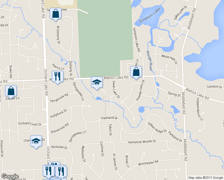 map of restaurants, bars, coffee shops, grocery stores, and more near 5572 Swan Lake Drive in West Bloomfield Township