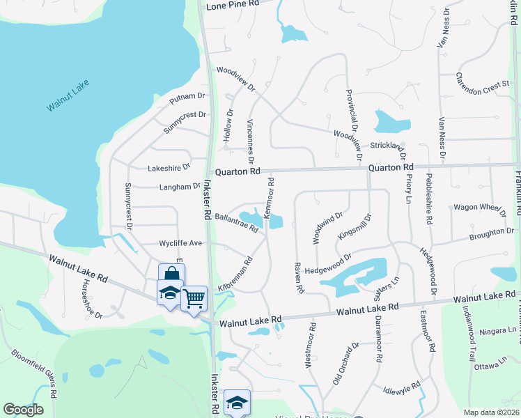 map of restaurants, bars, coffee shops, grocery stores, and more near 5620 Kenmoor Road in Bloomfield Hills