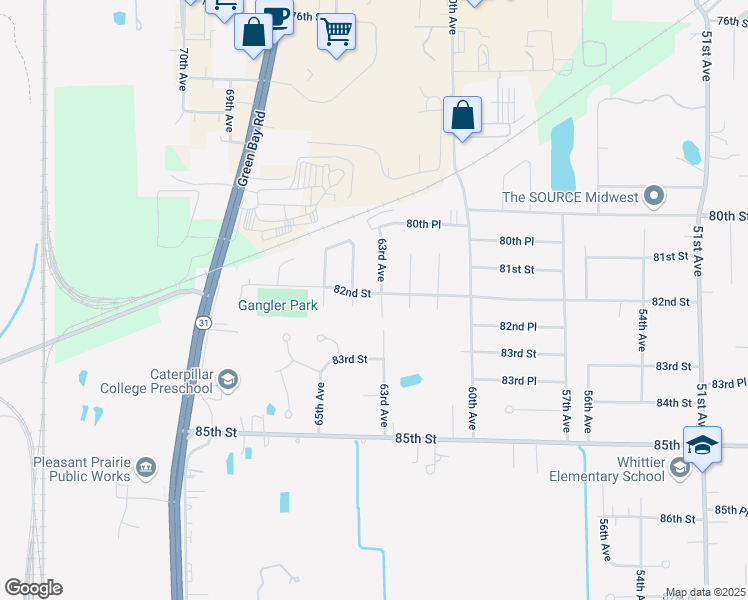 map of restaurants, bars, coffee shops, grocery stores, and more near 8204 63rd Avenue in Kenosha