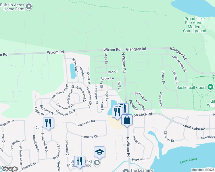 map of restaurants, bars, coffee shops, grocery stores, and more near 3333 Stratford Villa Way in Wixom