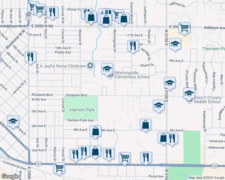map of restaurants, bars, coffee shops, grocery stores, and more near 629 Morningside Drive in Twin Falls