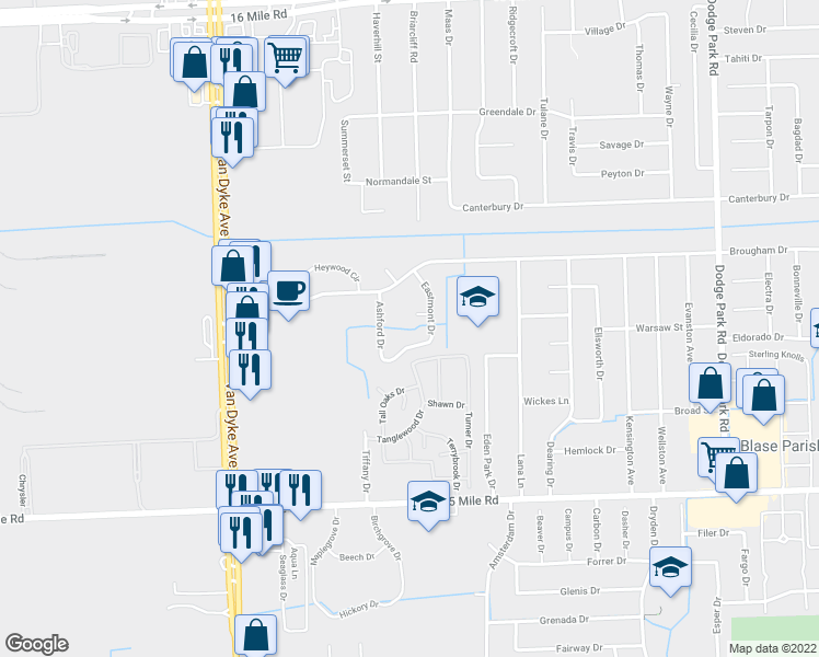 map of restaurants, bars, coffee shops, grocery stores, and more near 35717 Farmbrook Court in Sterling Heights