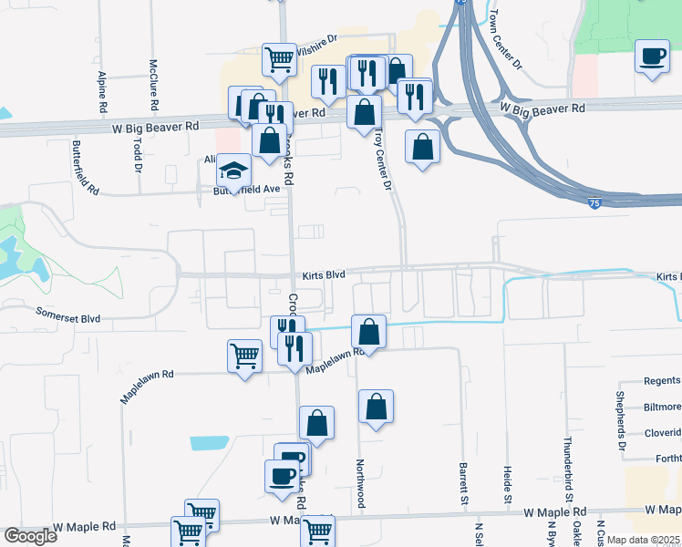 map of restaurants, bars, coffee shops, grocery stores, and more near 1257 Kirts Boulevard in Troy