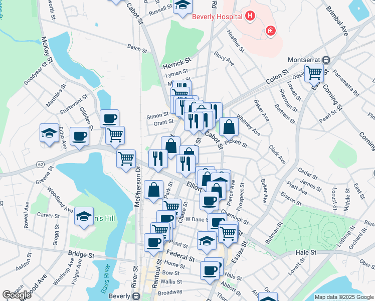 map of restaurants, bars, coffee shops, grocery stores, and more near 482 Rantoul Street in Beverly