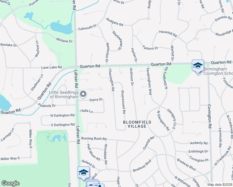 map of restaurants, bars, coffee shops, grocery stores, and more near 1286 Charrington Road in Bloomfield Hills
