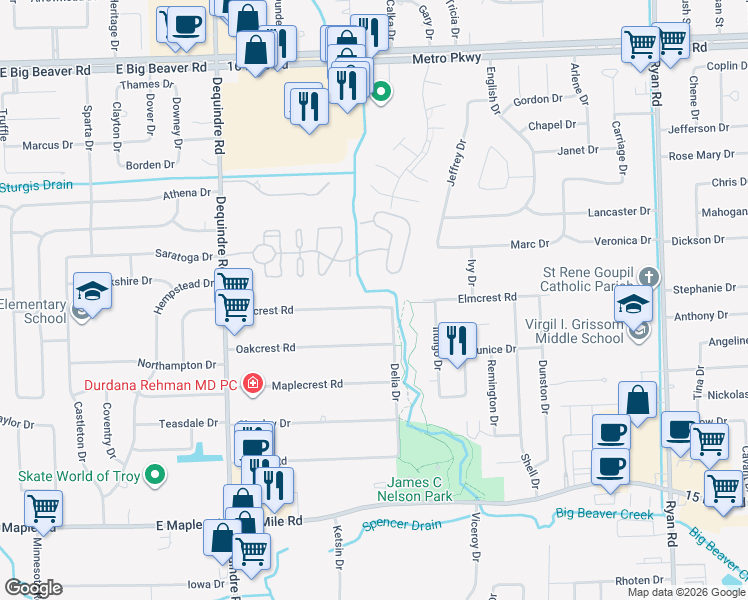 map of restaurants, bars, coffee shops, grocery stores, and more near 2595 Elmcrest Road in Sterling Heights