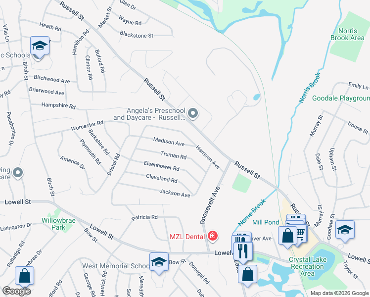 map of restaurants, bars, coffee shops, grocery stores, and more near 4 Madison Avenue in Peabody