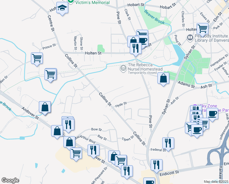 map of restaurants, bars, coffee shops, grocery stores, and more near 11 Mello Parkway in Danvers