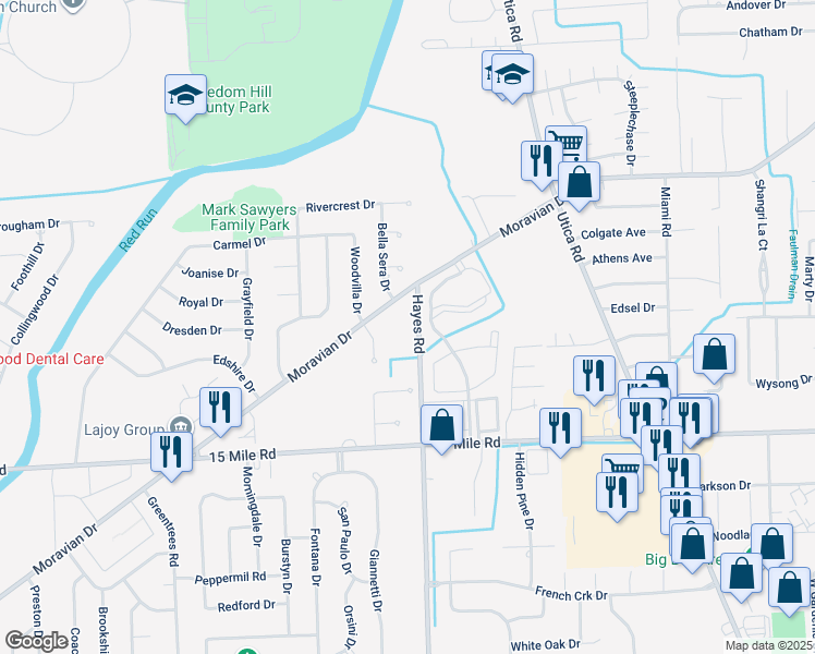 map of restaurants, bars, coffee shops, grocery stores, and more near 35425 Hayes Road in Sterling Heights