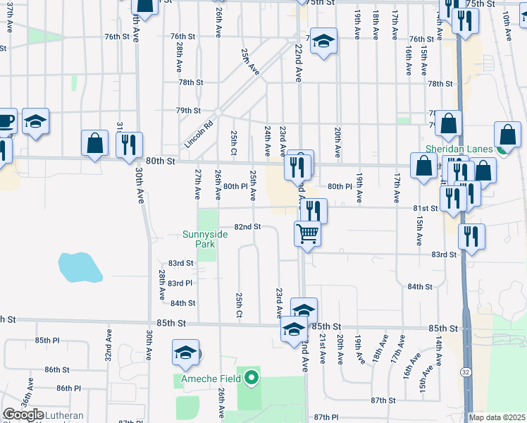 map of restaurants, bars, coffee shops, grocery stores, and more near 2409 81st Street in Kenosha