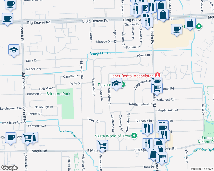 map of restaurants, bars, coffee shops, grocery stores, and more near 2239 Castleton Drive in Troy
