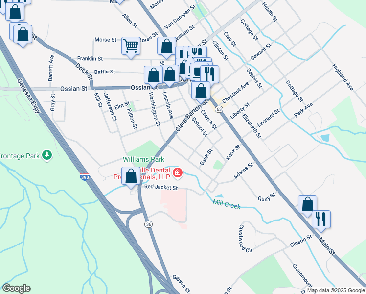 map of restaurants, bars, coffee shops, grocery stores, and more near 42 Lincoln Ave in Dansville