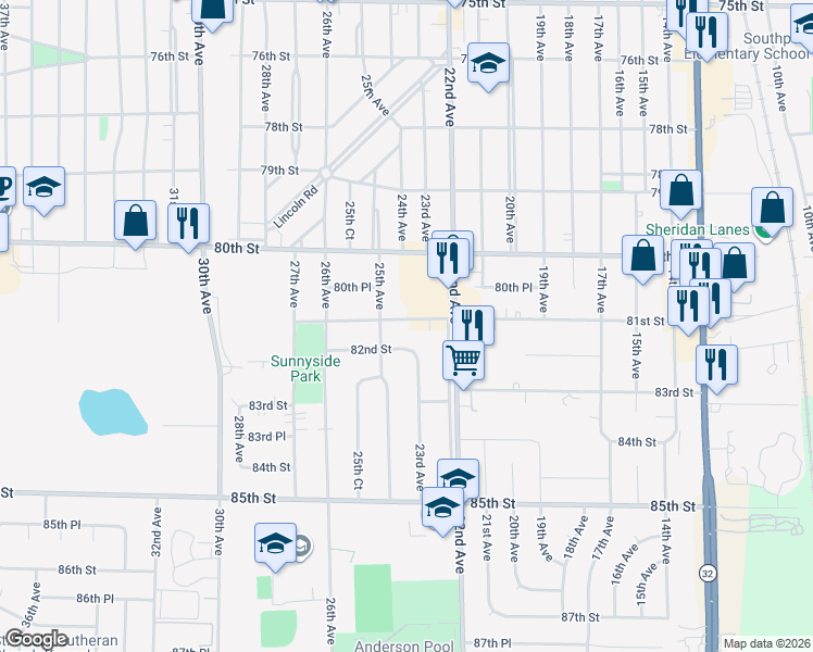 map of restaurants, bars, coffee shops, grocery stores, and more near 2321 81st Street in Kenosha