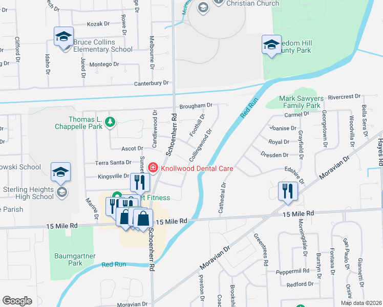 map of restaurants, bars, coffee shops, grocery stores, and more near 35535 Collingwood Drive in Sterling Heights