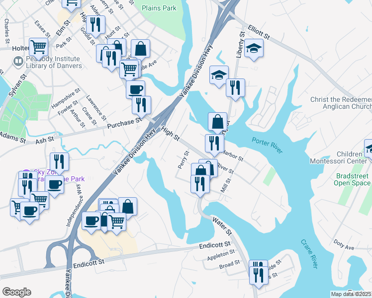 map of restaurants, bars, coffee shops, grocery stores, and more near 149 Massachusetts 35 in Danvers