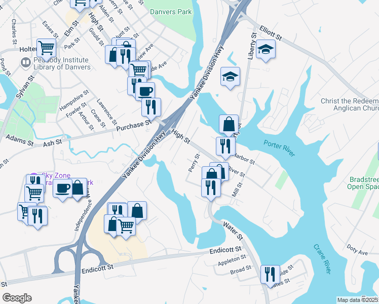 map of restaurants, bars, coffee shops, grocery stores, and more near 10 Merrill Street in Danvers