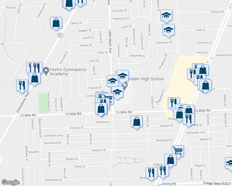 map of restaurants, bars, coffee shops, grocery stores, and more near 21620 Hillside Drive in Macomb County