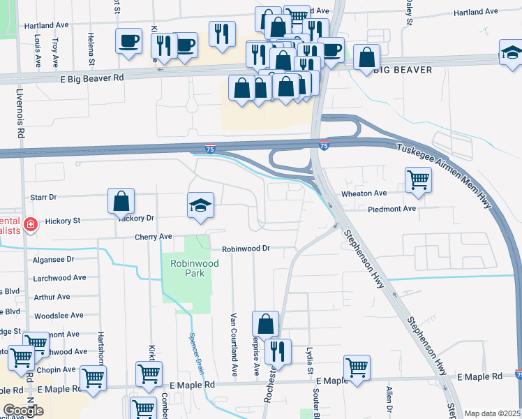 map of restaurants, bars, coffee shops, grocery stores, and more near 2345 Rochester Court in Troy