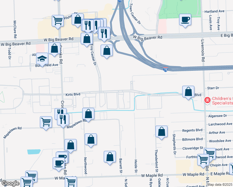 map of restaurants, bars, coffee shops, grocery stores, and more near 875 Kirts Boulevard in Troy