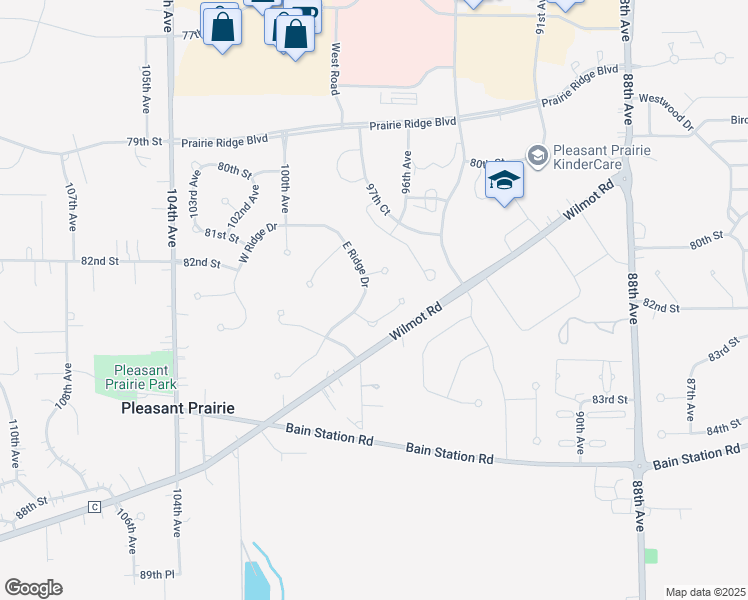 map of restaurants, bars, coffee shops, grocery stores, and more near 8325 East Ridge Drive in Pleasant Prairie