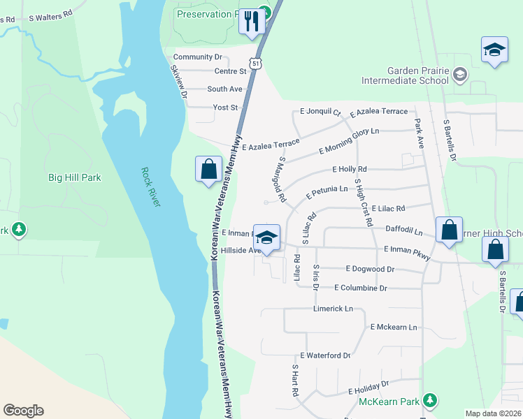 map of restaurants, bars, coffee shops, grocery stores, and more near 3055 South Riverside Drive in Beloit
