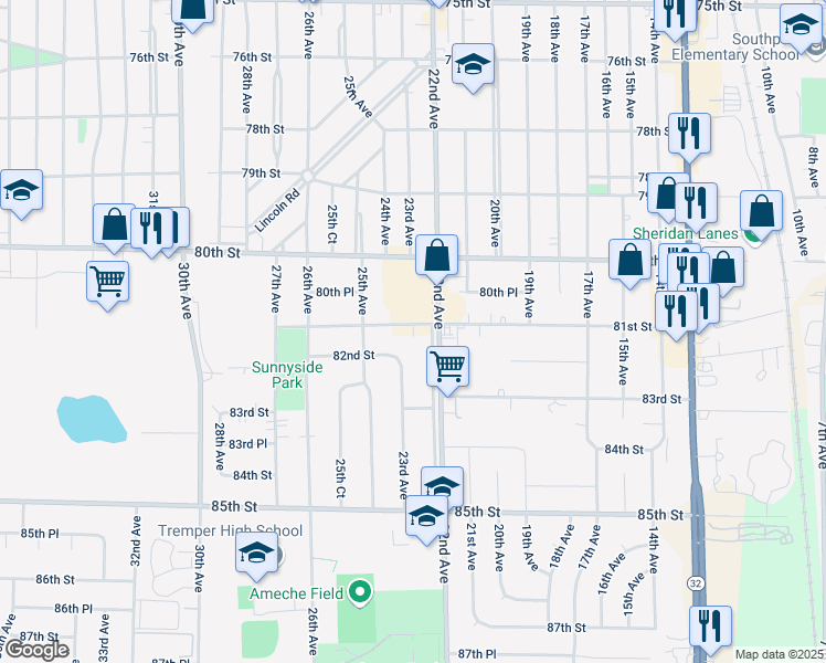 map of restaurants, bars, coffee shops, grocery stores, and more near 2223 81st Street in Kenosha