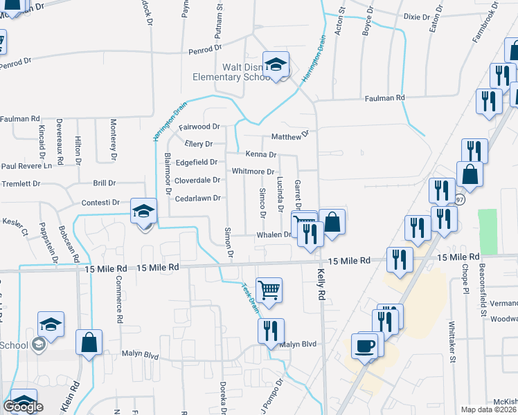 map of restaurants, bars, coffee shops, grocery stores, and more near 35323 Simco Drive in Macomb County