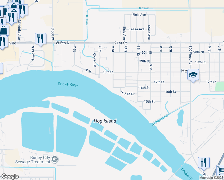 map of restaurants, bars, coffee shops, grocery stores, and more near 1711 V Street in Heyburn