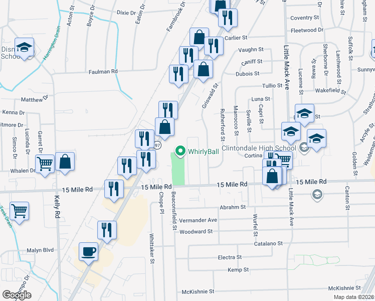 map of restaurants, bars, coffee shops, grocery stores, and more near 35431 Hickory Woods Drive in Charter Township of Clinton
