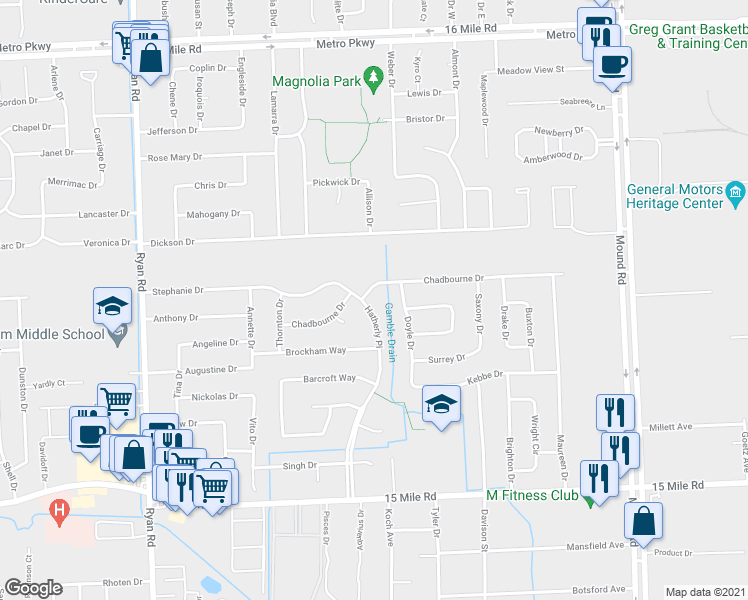 map of restaurants, bars, coffee shops, grocery stores, and more near 35630 Hatherly Pl in Sterling Heights