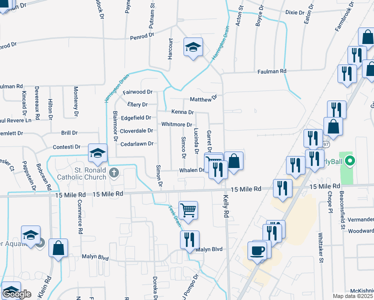 map of restaurants, bars, coffee shops, grocery stores, and more near 35322 Simco Drive in Clinton Township