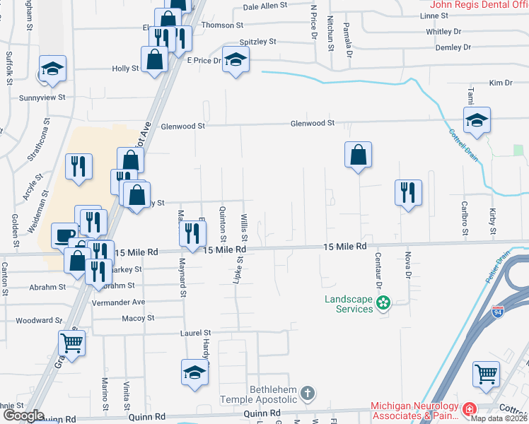 map of restaurants, bars, coffee shops, grocery stores, and more near 35499 Hereford St in Charter Township of Clinton