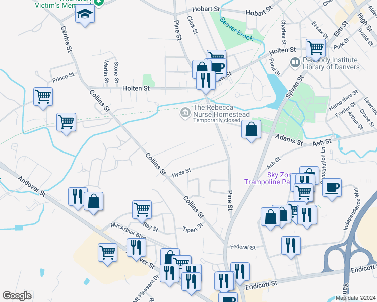 map of restaurants, bars, coffee shops, grocery stores, and more near 18 Ryan Road in Danvers