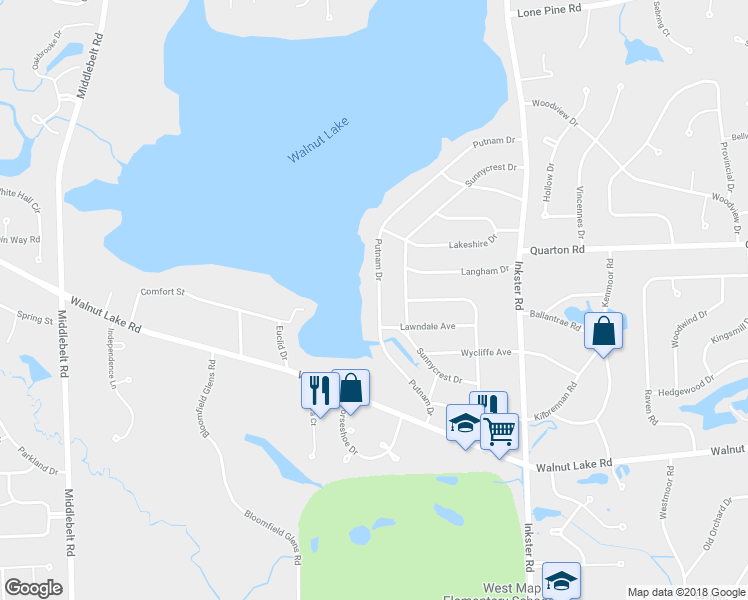 map of restaurants, bars, coffee shops, grocery stores, and more near 5626 Putnam Drive in West Bloomfield Township