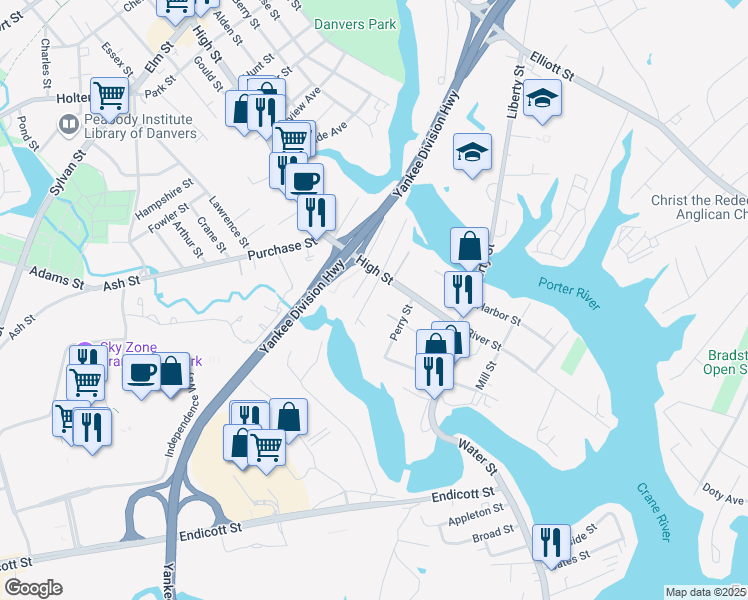 map of restaurants, bars, coffee shops, grocery stores, and more near 10 Merrill Street in Danvers