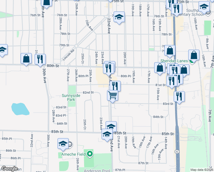 map of restaurants, bars, coffee shops, grocery stores, and more near 8104 22nd Avenue in Kenosha