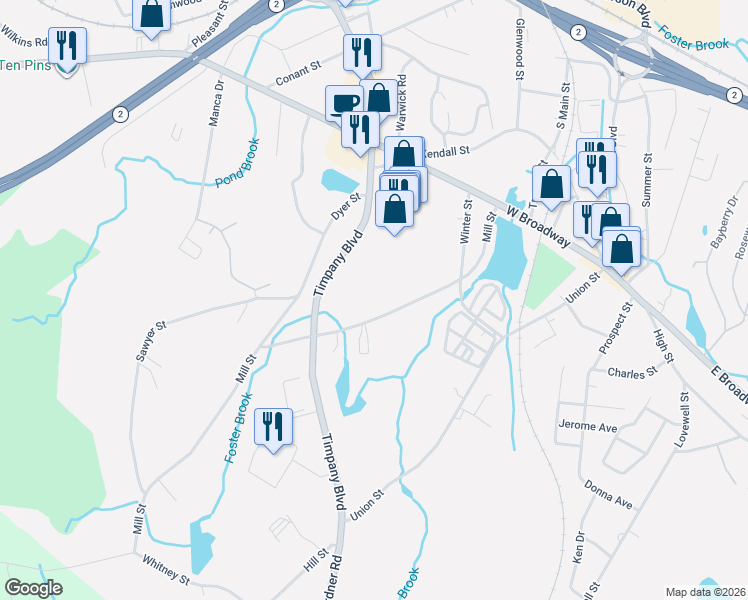 map of restaurants, bars, coffee shops, grocery stores, and more near 155 Mill Street in Gardner