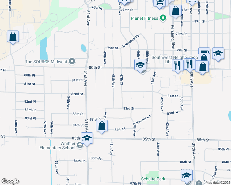 map of restaurants, bars, coffee shops, grocery stores, and more near 8103 48th Avenue in Kenosha