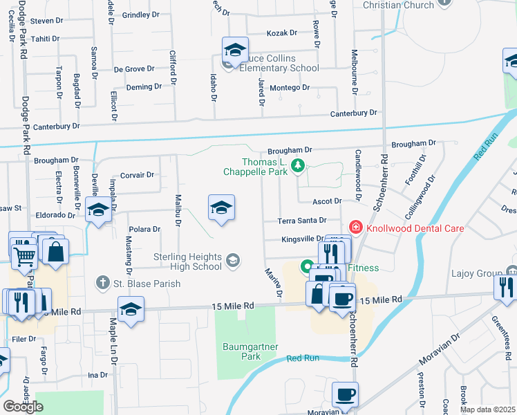 map of restaurants, bars, coffee shops, grocery stores, and more near 35552 Marina Drive in Sterling Heights