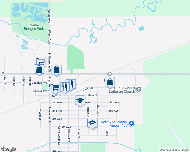 map of restaurants, bars, coffee shops, grocery stores, and more near 922 Sherman Avenue in Ackley